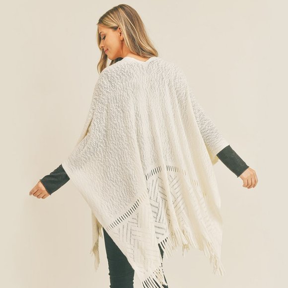 Herringbone Knit Fringe Ruana Poncho - Picture 2 of 2